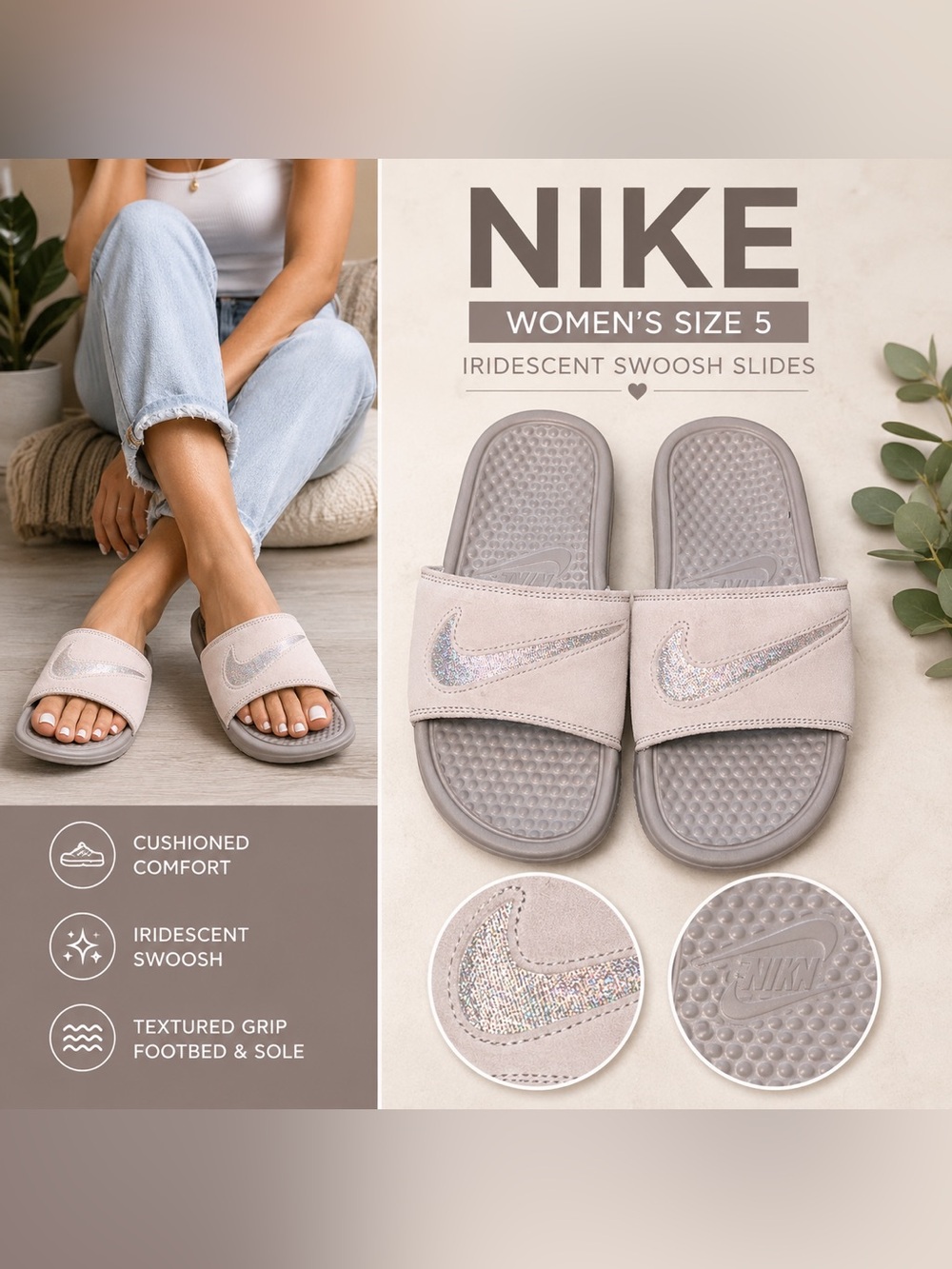 Nike Women’s Benassi Slide Sandals Size 5 Gray/Light Gray Iridescent Swoosh
